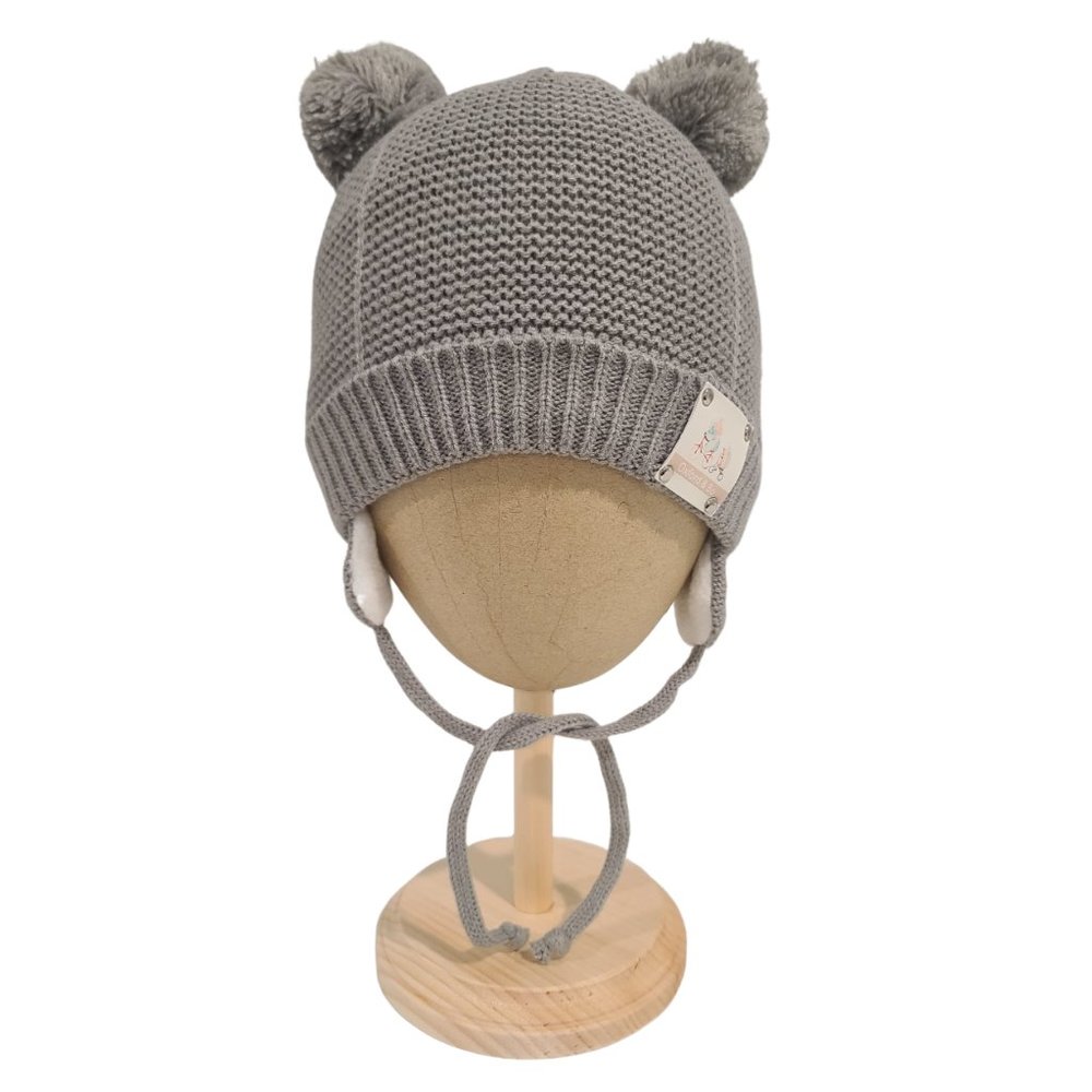 Jak Knit Beanie Hat With PomPoms, Grey